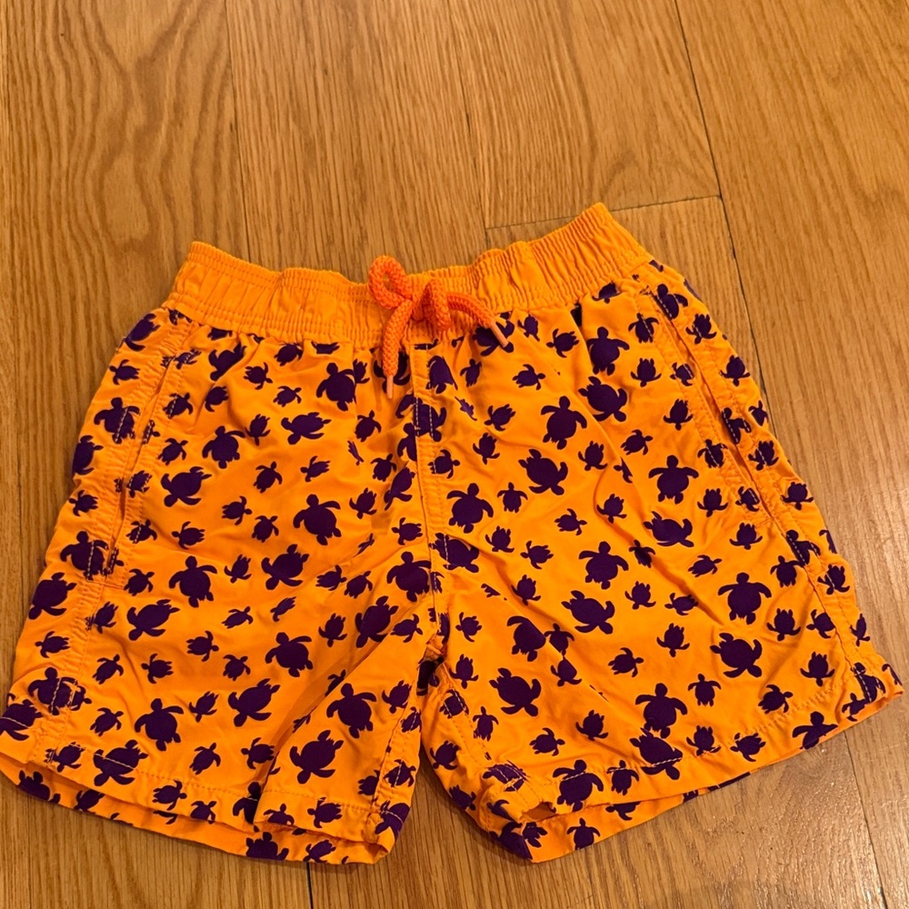 Vilebrequin Kids Swim Trunks - Vibrant Orange with Purple Turtles